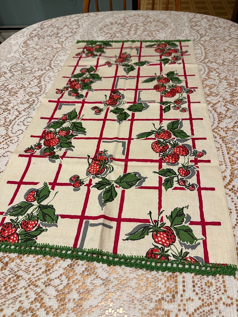 Vintage Strawberry Table Runners Set of 2 Red Plaid Lattice Linen Lace Trim